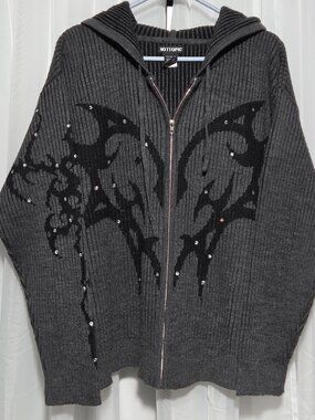 Hot Topic Grey Rhinestone Cyber Y2K Ribbed Knit Zip-Up Hoodie Large